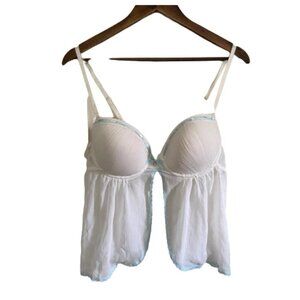 Apt 9 Womens White Blue Lace Ribbon Trim Underwire Bra Split Front Teddy Size XL